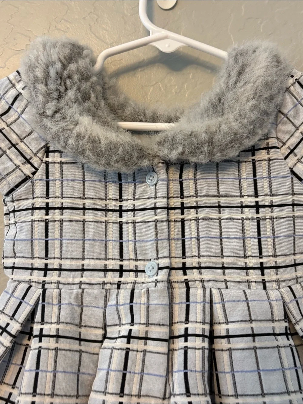 Janie and Jack Winter Wishes light blue plaid dress faux fur collar 12-18 months